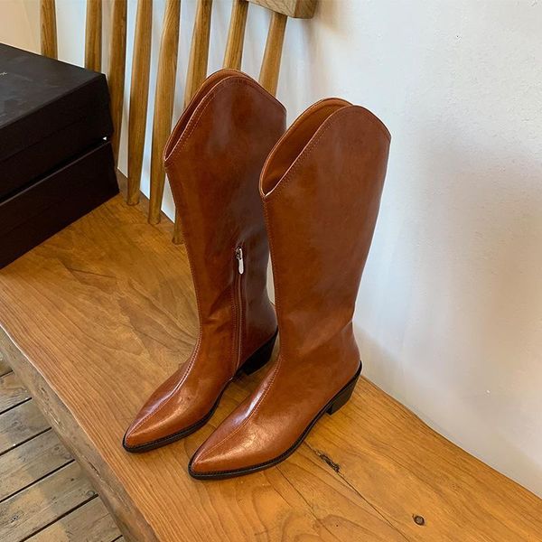 

boots pointed western cowboy women's net red knee-length thin legs thick heel leather knight o35q, Black