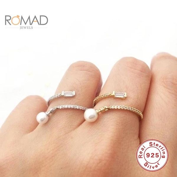 

cluster rings romad original 100% for women 925 sterling silver luxury exquisite pearl pendant ring anillos mujer, Golden;silver