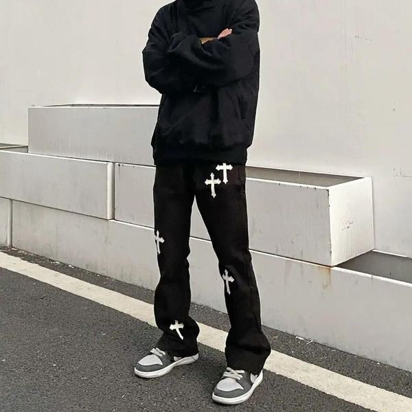 

men's pants streetwear flared cross jeans men and women street tide brand straight loose wide leg casual trousers cargo, Black