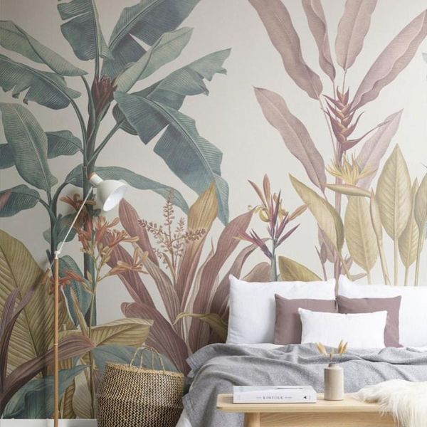 

bacaz botanical dusty pink and teal vintage tropical minimalist wallpaper mural room background banana leaf plant wall decor 3d wallpapers