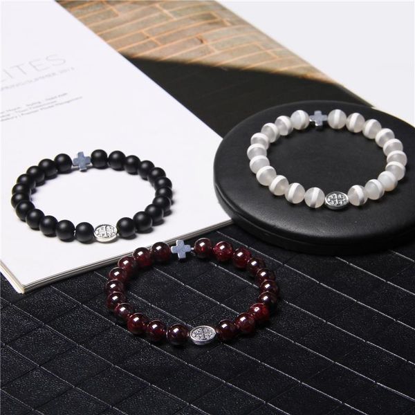 

beaded, strands 8mm natural stone bracelet tiger eye beads charm bracelets fashion cross yoga balance energy healing men women jewelry, Black