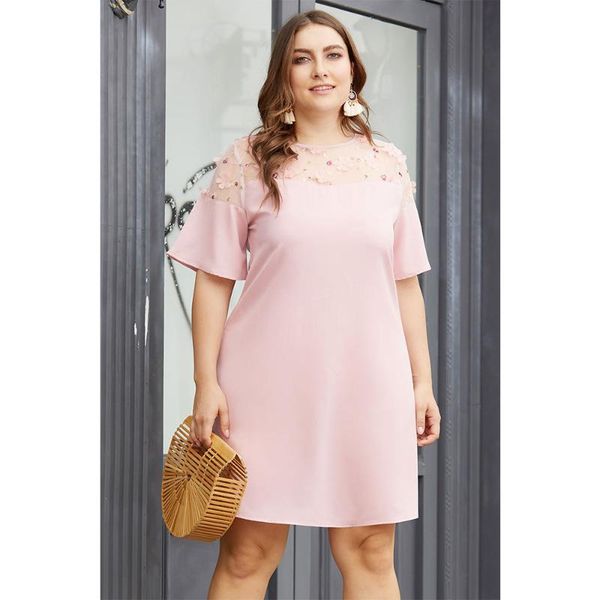 

plus size dresses big women mesh spliced dress vintage flare sleeve clothes floral appliques hollow out vestidos midi gown, Black