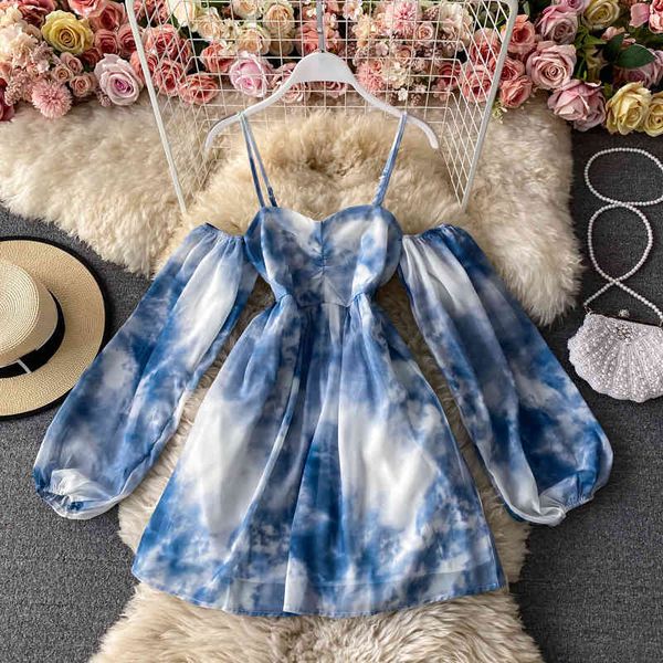 

dresses holiday beach style off shoulder puff long sleeve strap tie-dye dress women above knee suspender casual retro elegant 210429, Black;gray