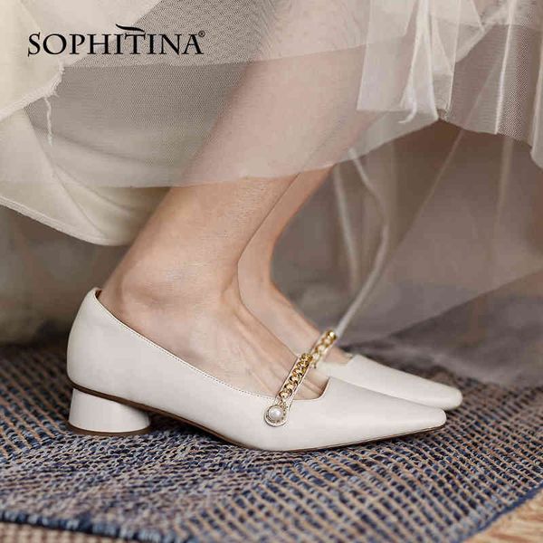 

sophitina low-heel women's shoes shallow mouth solid color chain daily tpr shoes square toe wild handmade female pumps ao220 210513, Black