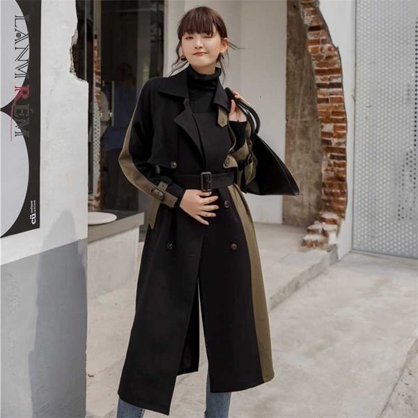 

lanmrem mid-length windbreaker female autumn korean version double-breasted slim thick coat 19b-a373 211021, Tan;black