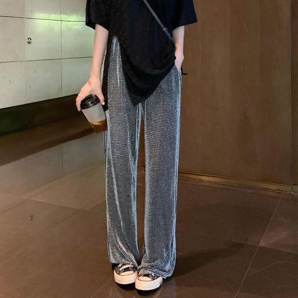 

women's pants & capris ice silk wide-leg summer thin section 2021 high waist drape loose straight mopping plaid casual, Black;white