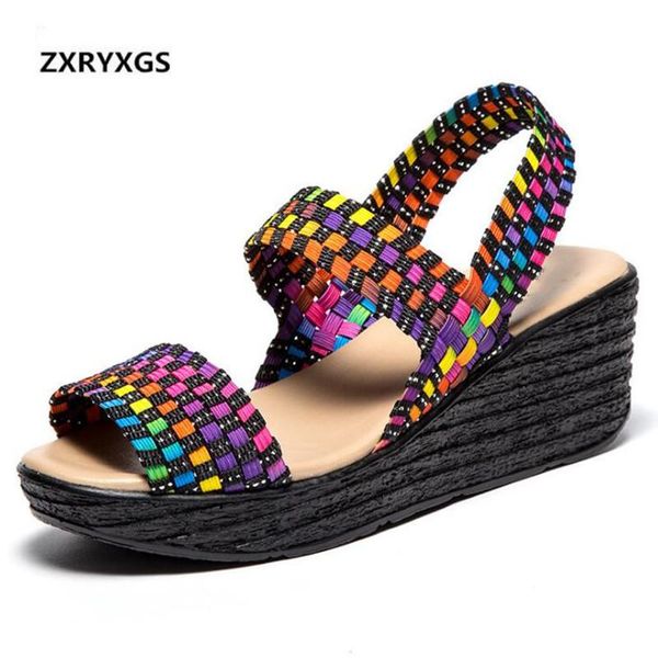 

est summer mixed color elastic hand-woven women sandals light comfort thick bottom wedge shoes large size, Black