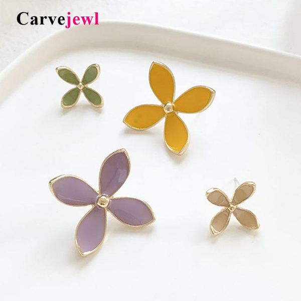 

stud carvejewl colorful cute flower earrings purple yellow green peach enamel asymmetric piercing earring for women girl jewelry, Golden;silver