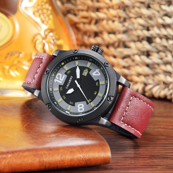 

wristwatches waterproof cagarny business sports men's watch fashion leather strap quartz wristwatch luxury date display relogio, Slivery;brown