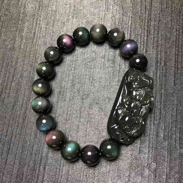 

bracelet natural double rainbow eye obsidian hand row eyes men's and women's with pishu donghai crystal, Golden;silver