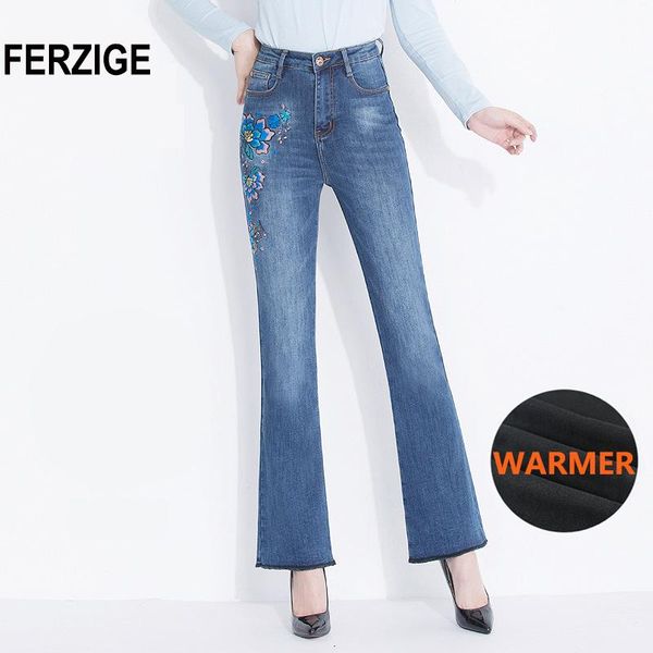 

women's jeans ferzige winter flared pants warm fleece heat insulated denim stretch high waist business casual trousers femme big, Blue