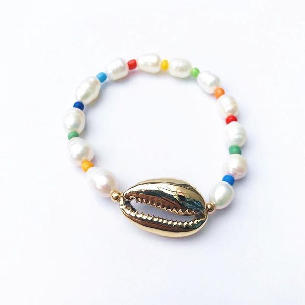 

charm bracelets 100% natural freshwater pearl beaded bracelet boho colorful beads elastic for women gifts jewelry 2021, Golden;silver