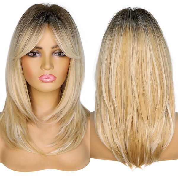 

middle long wigs for women ombre dark black ash brown blonde synthetic wigs with side bangs cosplay daily party heat resistant
