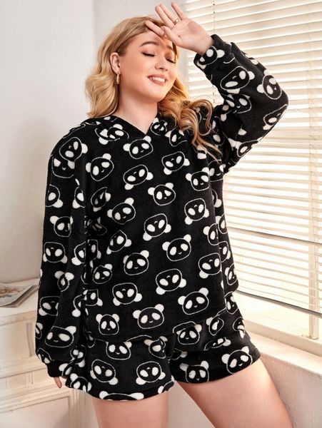

plus panda pattern hooded flannel pj set s0vl#, Black;white