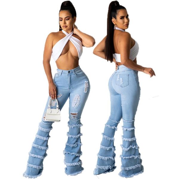 

women's jeans plus size xxxl flared pants super stretch slim trousers ripped stitching casual high waist women y2k, Blue