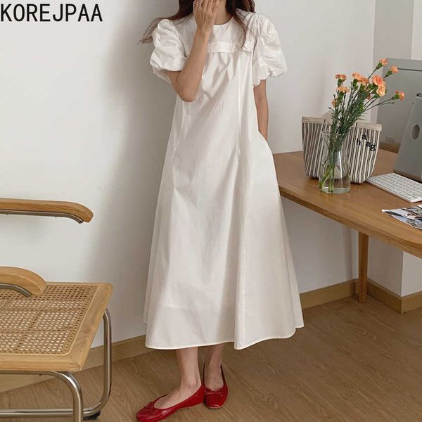 

korejpaa women dress summer korea chic minimalist temperament round neck waist slimming double pocket puff sleeve vestidos 210526, Black;gray