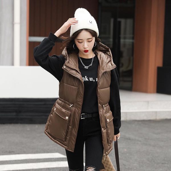 

women's vests 2021 winter vest mid-length cotton padded women coat loose hooded wild sleeveless jacket, Black;white