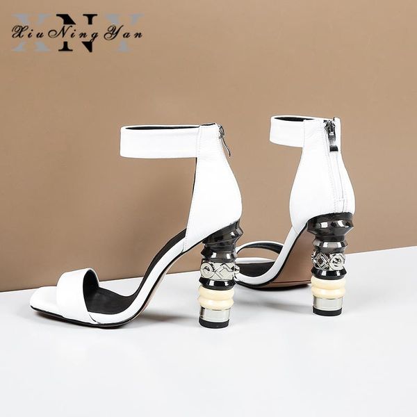 

fashion woman sandals strange heels genuine leather women wedding dress shoes ladies party summer zipper, Black