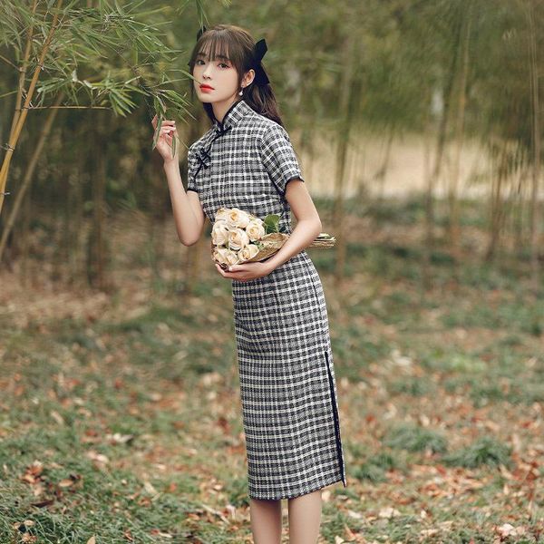 

ethnic clothing plus size -3xl female black plaid print qipao chinese evening dress vintage mandarin collar classic cheongsam vestidos, Red