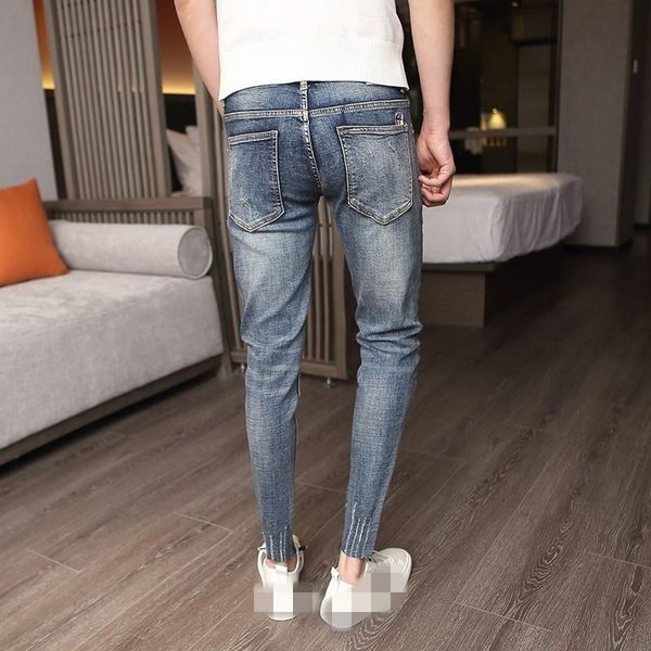 

men's jeans men ankle length slim fit korean hole micro-elasticity denim pencil pant four season multi-pockets blue washed vintage