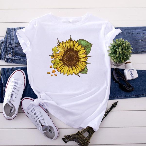 

women's t-shirt plus size 5xl summer women 100%cotton tee shirts harajuku sunflower print short sleeve tshirt casual graphic female, White