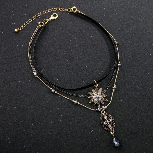 

multilayer necklace, vintage star choker chain leather pendant layer for women jewelry chains, Silver
