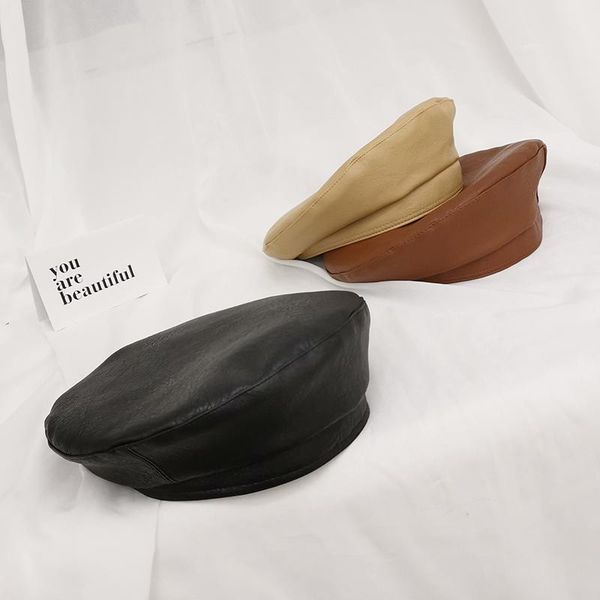 

berets pu leather hat children spring and autumn beret leisure painter joker fashion bud womens hats, Blue;gray