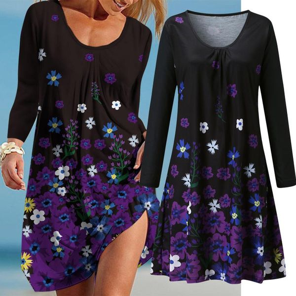 

casual dresses 2021 autumn dress women flower print beach for o-neck pocket long sleeve sundress plus size, Black;gray