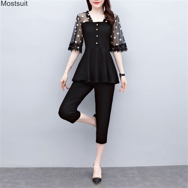 

fashion elegant summer two piece set for women plus size mesh embroidery tunic and calf-length pants suit outfit ol korean 210513, White