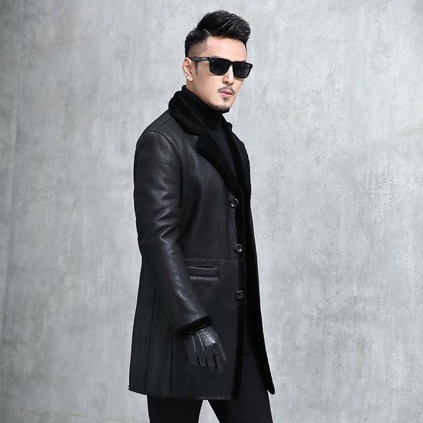 

men's leather & faux genuine jacket men sheep shearing winter coat sheepskin mens real casaco ma8201sy701 yy1130, Black