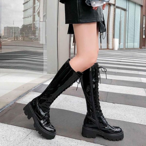 

boots riding women's knight cow leather round toe keep warm lace up thick bottom knee high botas mujer iy5x, Black
