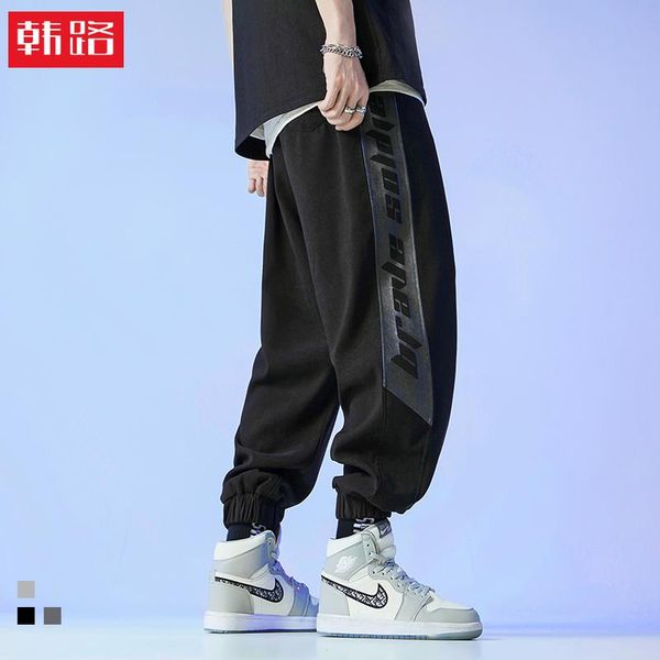

hanlu's main push 2021 spring and summer splicing cargo casual pants men's sports sanding fall feeling harajuku sweat, Black