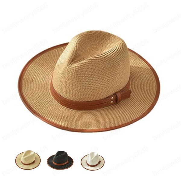 

fashion women men summer panama hat big side sun hats with brown ribbon beach straw hat uv sun protection holiday cap, Blue;gray