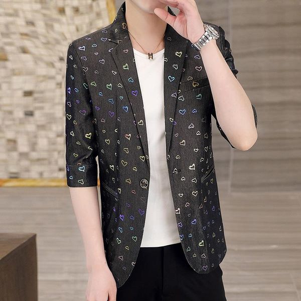 

suit for spring 2021 love print fashion slim jacket youth han xia zhong sleeve student men's suits & blazers, White;black