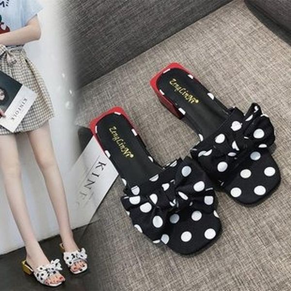 

summer mid-heel women's slippers outer wear polka-dot bow sandals fashionable comfortable square heel shoes, Black
