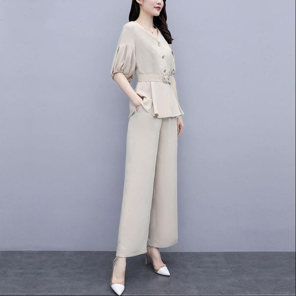 

ladys suits summer ivory womenpant two piece outfits slinky lantern sleeve v neck blouse black casual office wide leg pants, White