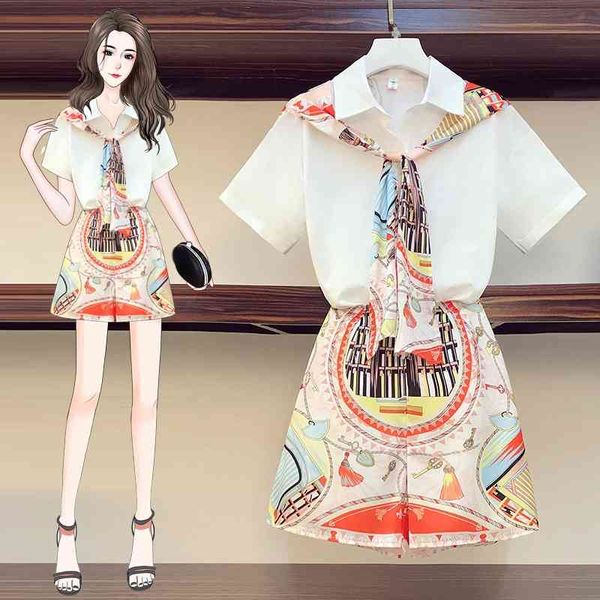 

summer piece women fashion patchwork scarf bow shirt + chiffon print elastic waist shorts set two pieces suit 210416, White