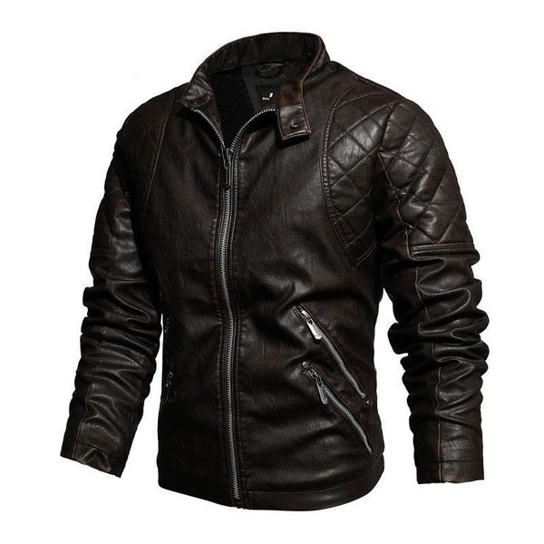 

men's jackets 2021 autumn and winter leather clothes slim stand collar motorcycle pu jacket g plush warm coat retro, Black;brown