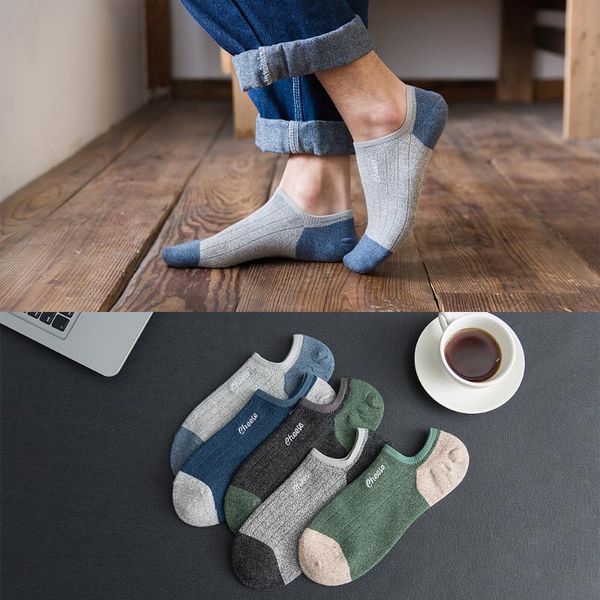 

men's socks summer and spring cotton colorful fashion boat embroidery shallow sweat-absorbent show ankle 5pairs/ lot, Black