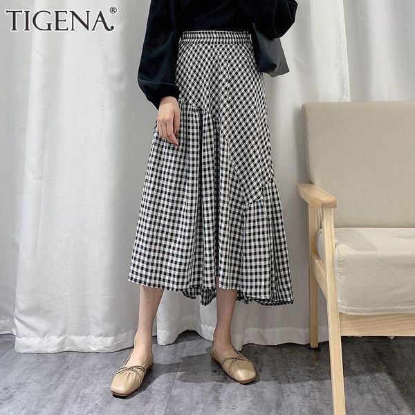 

skirts tigena vintage plaid long skirt women fashion 2021 summer cotton korean sweet irregular hem high waist checked female, Black