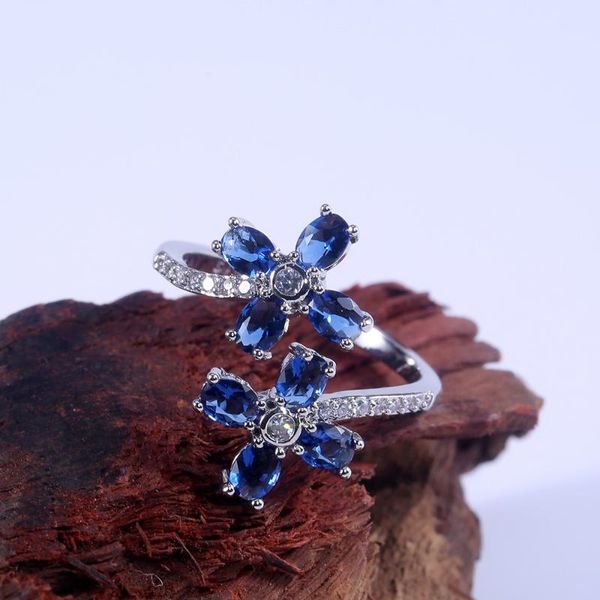 

wedding rings lucky four flack blossom double flower with blue zircon proposal engagement open ring for women fashion party jewelry gifts, Slivery;golden