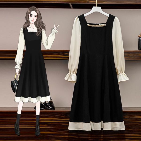 

casual dresses black stitch long sleeved midi plus large size oversize korean fashion kawaii women's elegant autumn for women, Black;gray