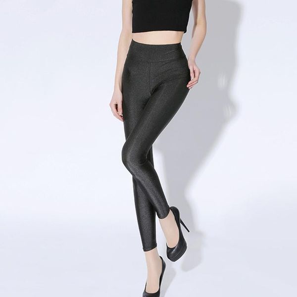 

women's leggings womens fashion high stretch legging pants pure solid color shiny plus size waist slim fit elastic trouse, Black