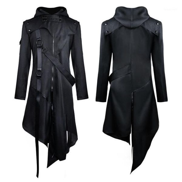 

men's trench coats men gothic long sleeve hooded jacket for halloween cosplay vintage costume autumn fashion warm, Tan;black