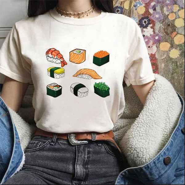 

womens t shirt japanese style harajuku kawaii sushi lucky cat print casual streetwear personality retro lady, White