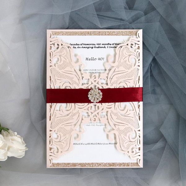 

greeting cards (50 pieces/lot) laser cut pink lace wedding invitation card glittery engagement birthday baptism crystal invitations ic127p