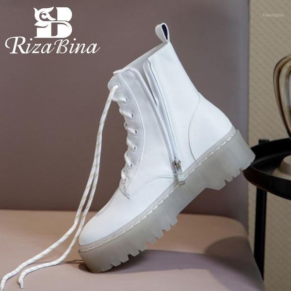 

boots rizabina women ankle real leather cross strap winter shoes woman thick bottom fashion platform daily short boot size 34-401, Black