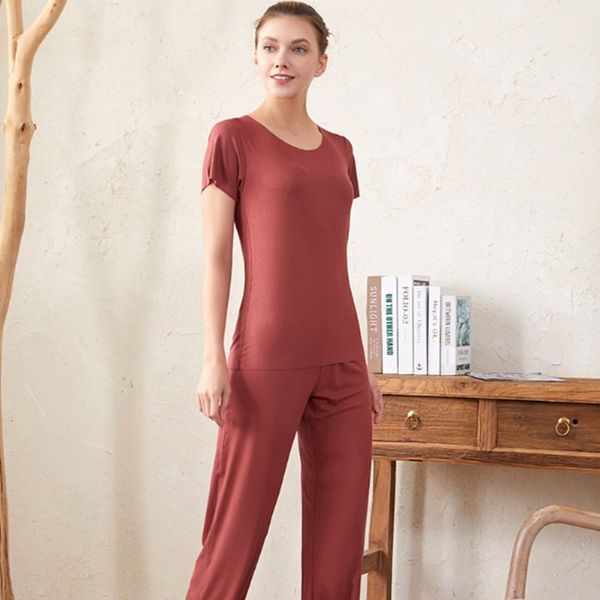 

women's sleepwear thread modal home suit o-neck ladies short sleeve nine-point pants two-piece set loose pajamas women spring summ, Black;red