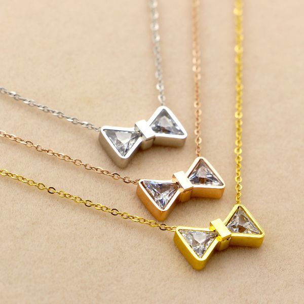 

x1-204 double triangle diamond bow short necklace fashion korean versatile titanium steel plated rose gold chain, Silver