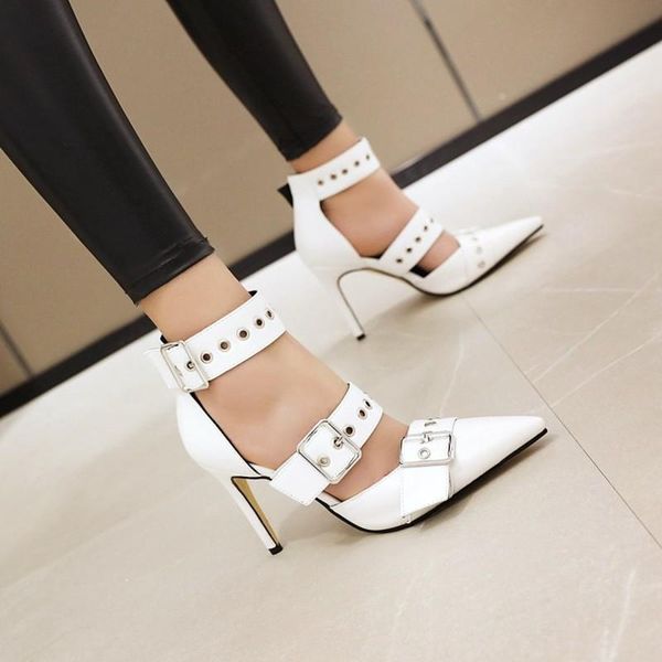 

show gladiator metal belt buckle high heels pumps women pointed toe sandals cover heel punk, Black